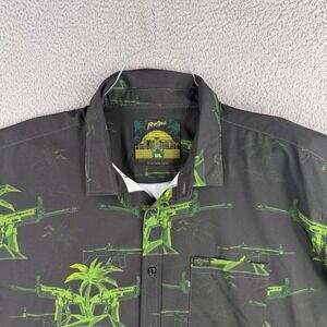 Retro Rifle Shirt Men 3XL Black Green Palm Tree Gun Tactical Button Down